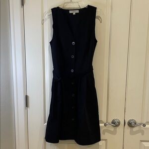 LOFT Black Button-Front Flared Midi Dress